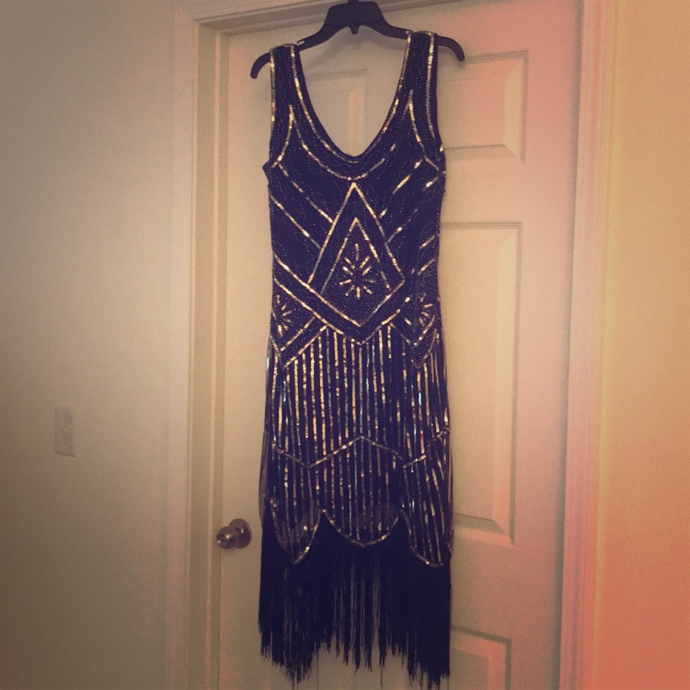 Black and Gold Beaded Fringe Midi Dress